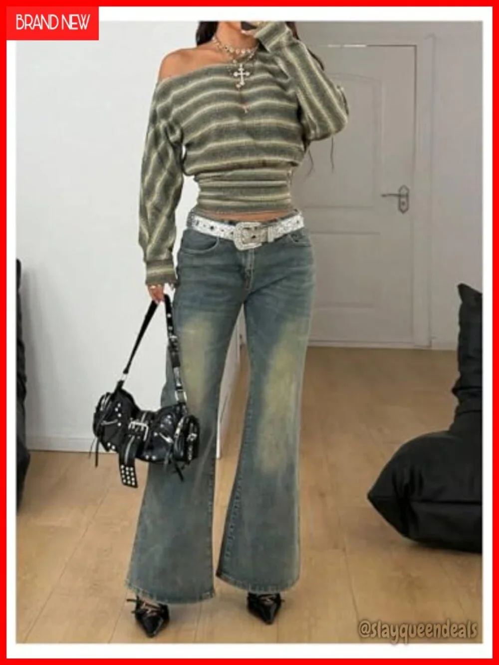 Off Shoulder Striped Cropped Long Sleeve Knit Pullover Sweater Top